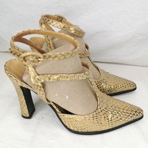 Casadei gold embossed leather T-strap pumps